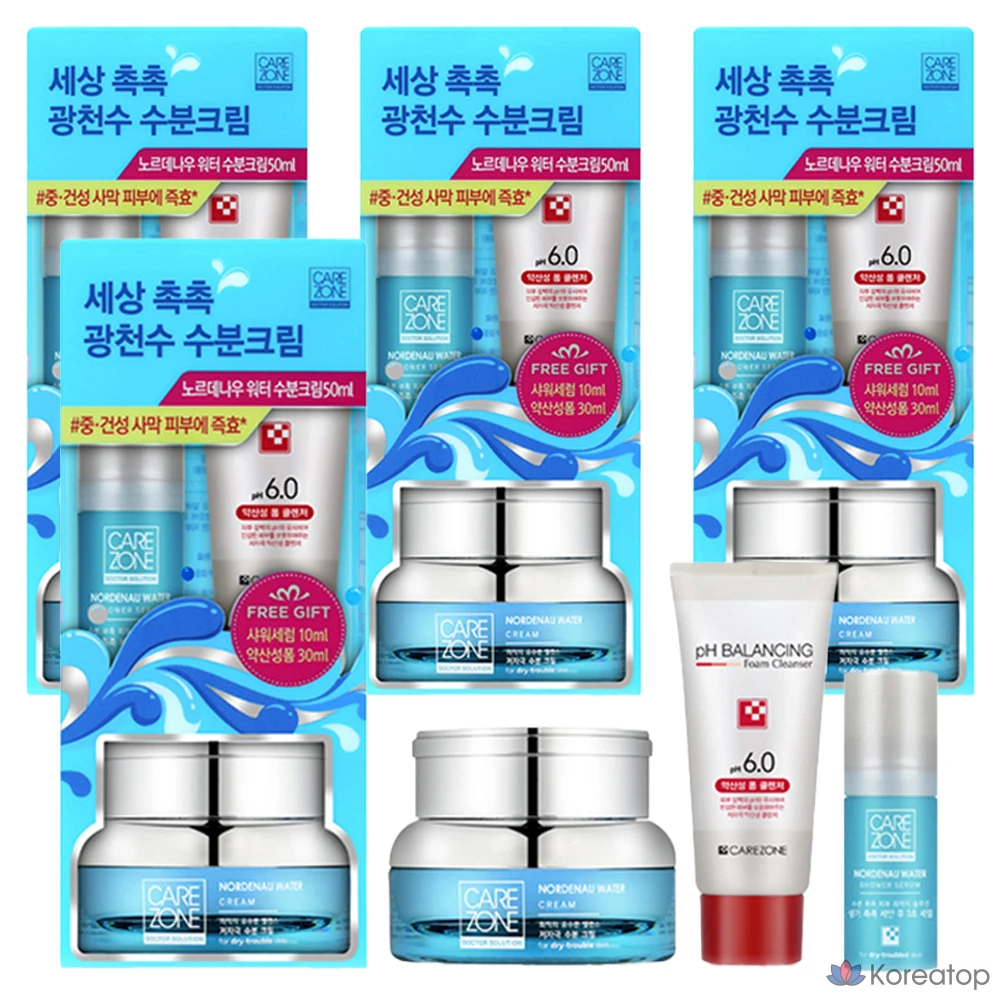 Набор из 4 упаковок: увлажняющий крем Carezone Nordenau 50 мл + сыворотка для душа 10 мл + пенка для умывания 31 мл.