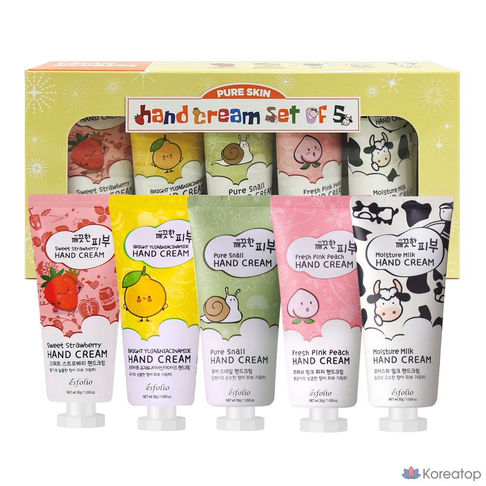 Набор из 5 кремов для рук Clean Skin / Клубничное молоко, юдзу, персик, экстракт улитки, увлажняющий, повышающий эластичность, отбеливающий, 150 г, 1 шт.