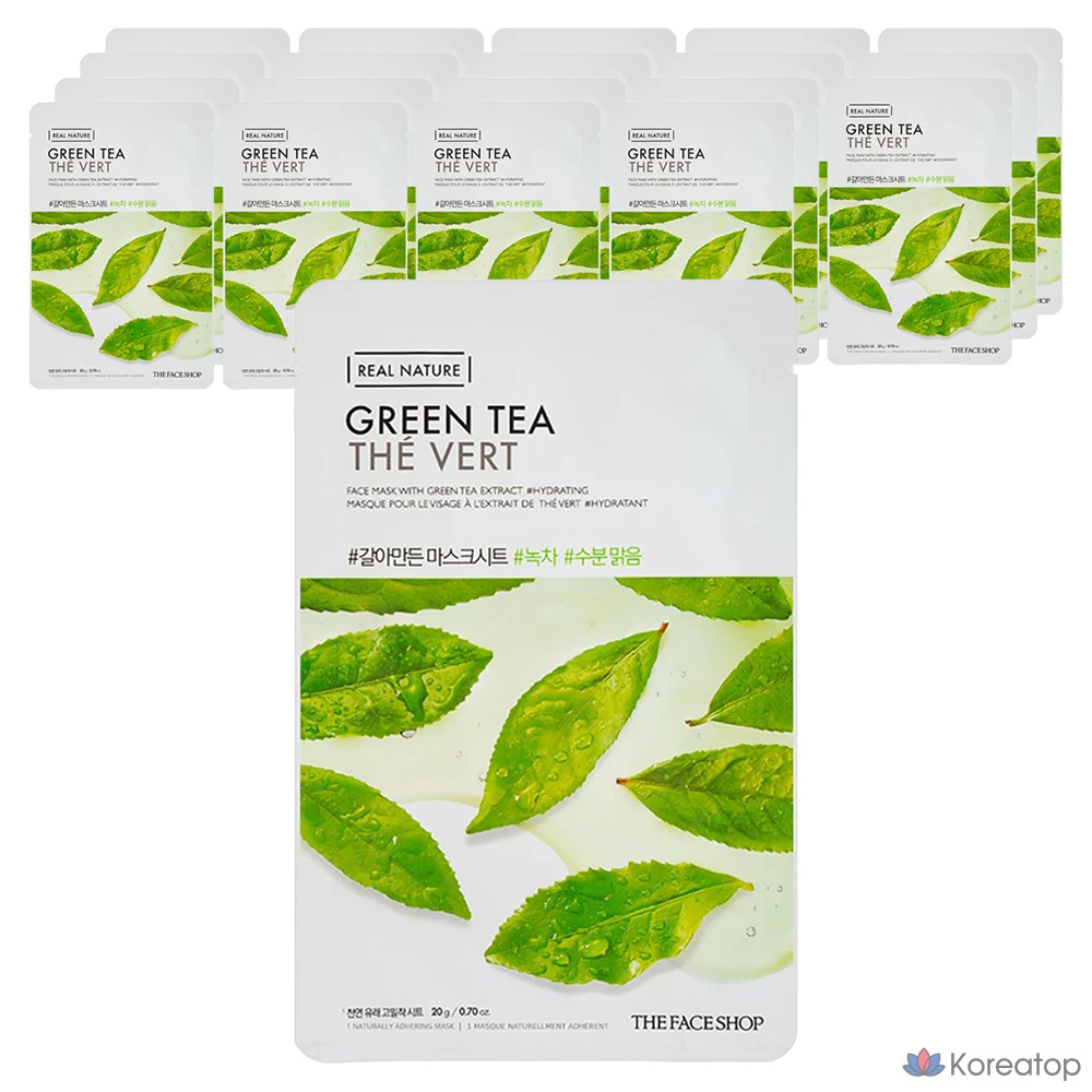 Тканевая маска для лица The Face Shop с зеленым чаем, 20 листов, 1 упаковка.