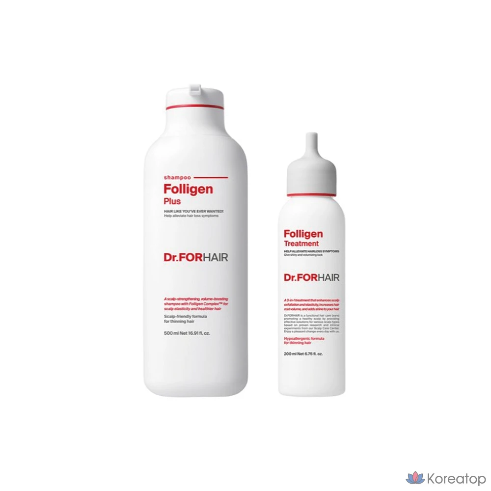 Doctor For Hair: Шампунь Foligen Plus для облегчения выпадения волос и придания объема 500 мл + Средство для ухода 200 мл, 2 комплекта