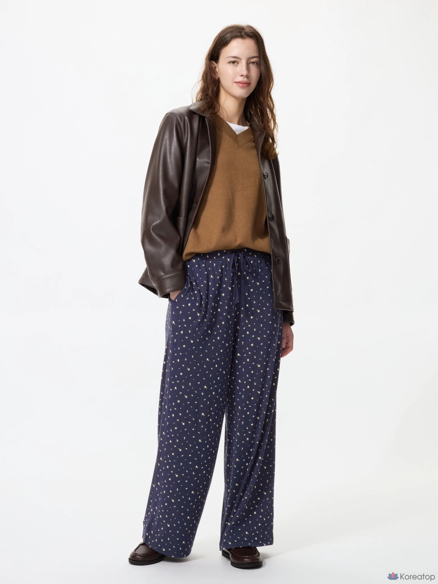 Брюки Uniqlo Rib Wide Easy Pants, цветочный принт