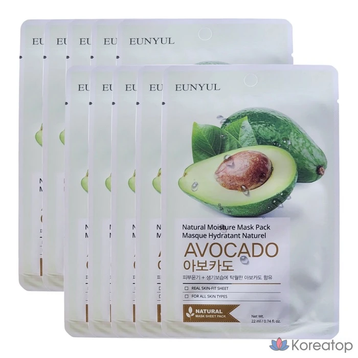 Набор натуральных масок для лица Eunyul с авокадо, 1 упаковка, 10 штук.