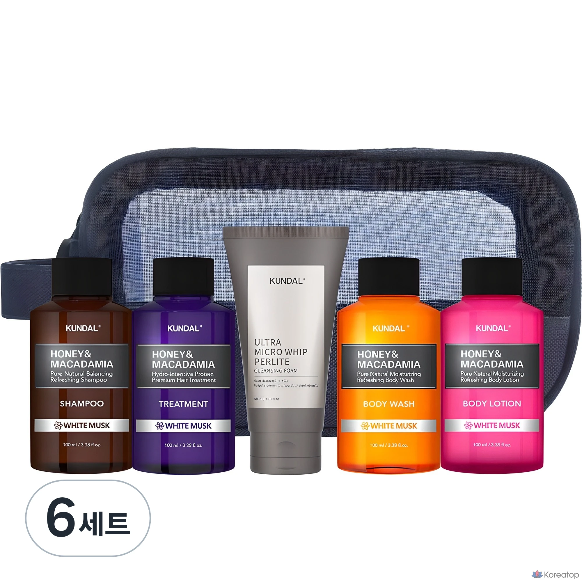 Набор Kundal Travel из 5 предметов, включая очищающую пенку типа B с ароматом белого мускуса, 6 комплектов.