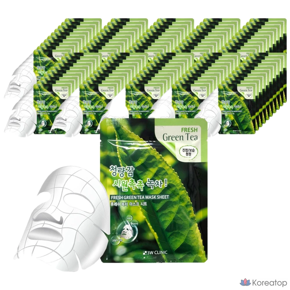3W Clinic Маска для лица с зеленым чаем, 100 листов, 100 штук, 1 упаковка