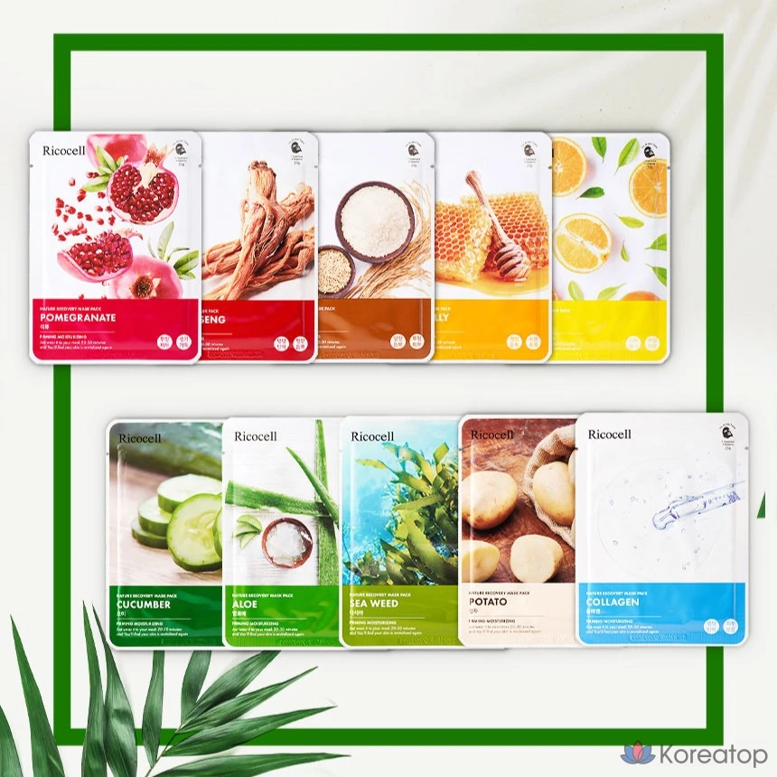 Набор восстанавливающих масок Ricocell Nature Recovery Mask Pack с алоэ вера, 30 штук, 2 упаковки., фото 6