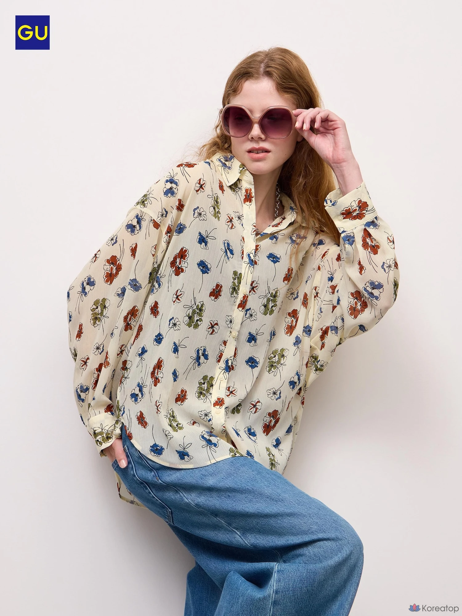 Рубашка Uniqlo Sheer Dolman Sleeve Shirt, цветочный принт