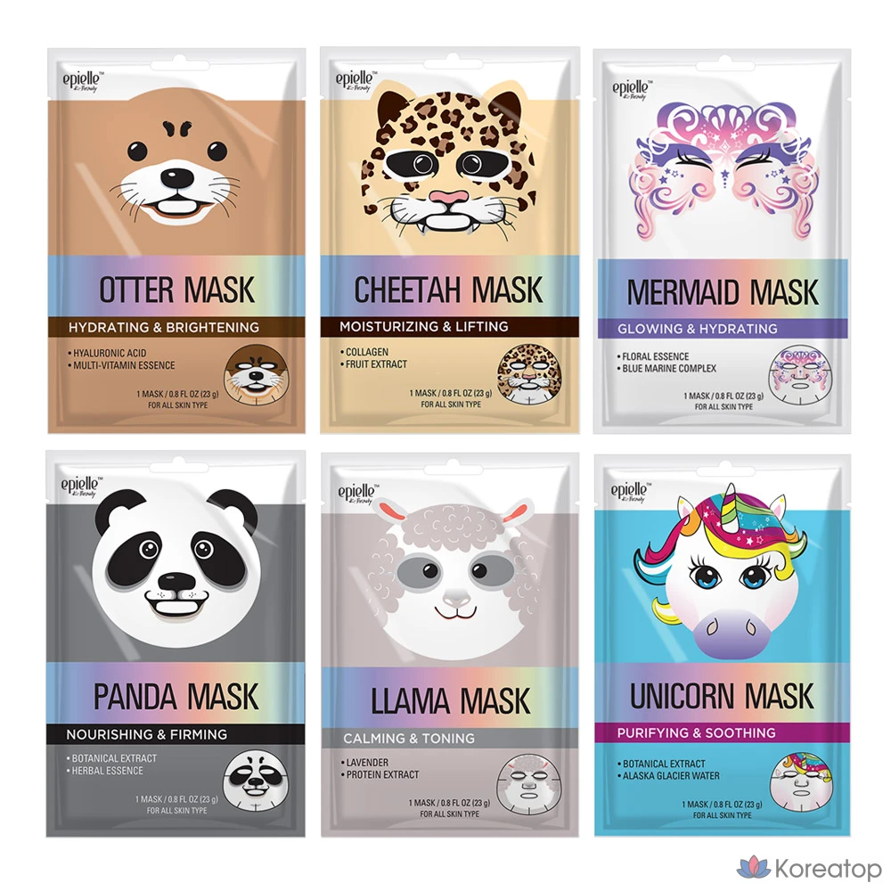Набор из 6 тканевых масок Epielle Radiance &amp; Moisture с изображением русалки и других животных.