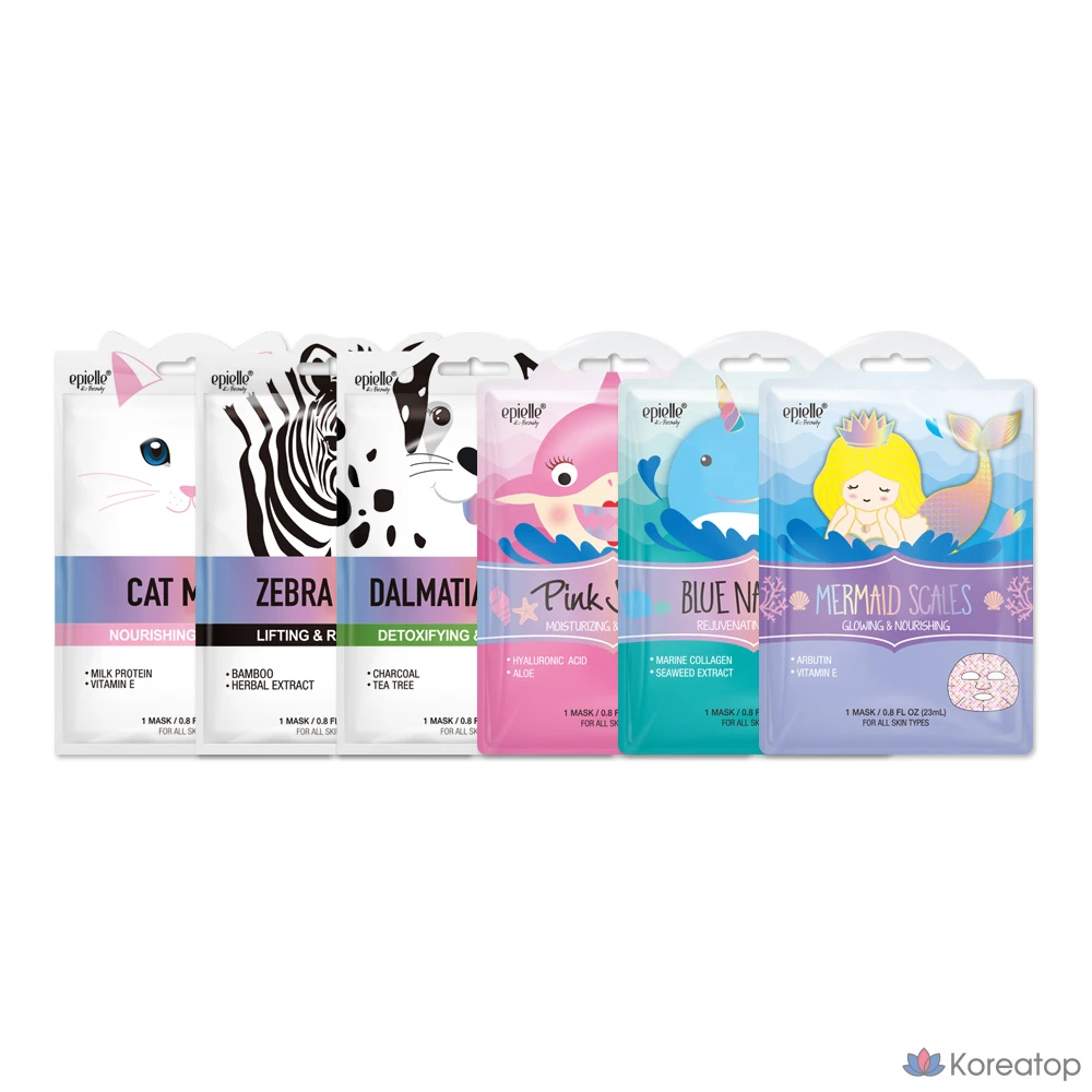 Набор из 6 масок Epielle с изображениями животных и морских обитателей, 1 упаковка, 6 штук.