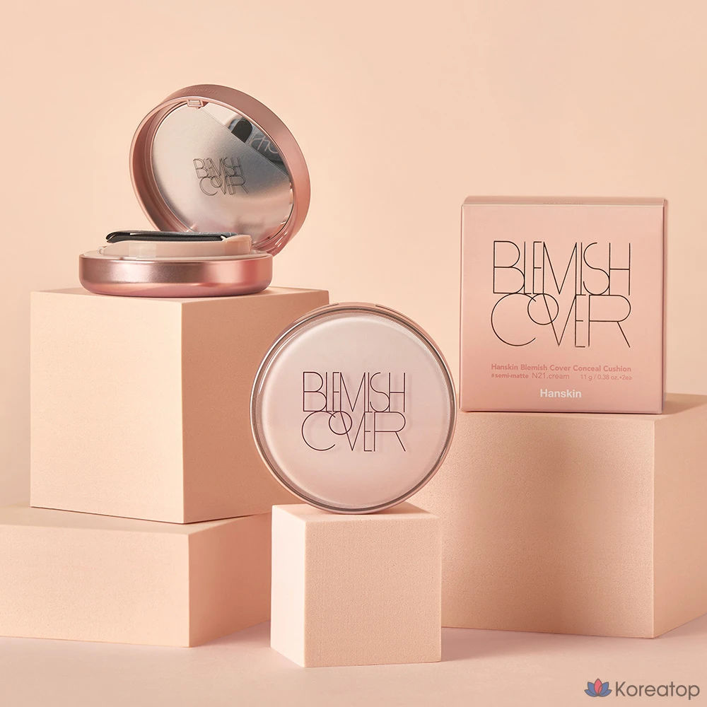 Тональный крем-кушон HANSKIN Semi-Matte Blemish Cover Conceal Cushion Foundation, основной продукт 11 г + сменный блок 11 г, крем N21, 1 шт., фото 7