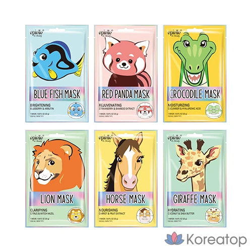 Набор масок Epielle с изображениями животных (красная панда/синяя рыба/лев/жираф/лошадь/крокодил), по 6 штук в упаковке.