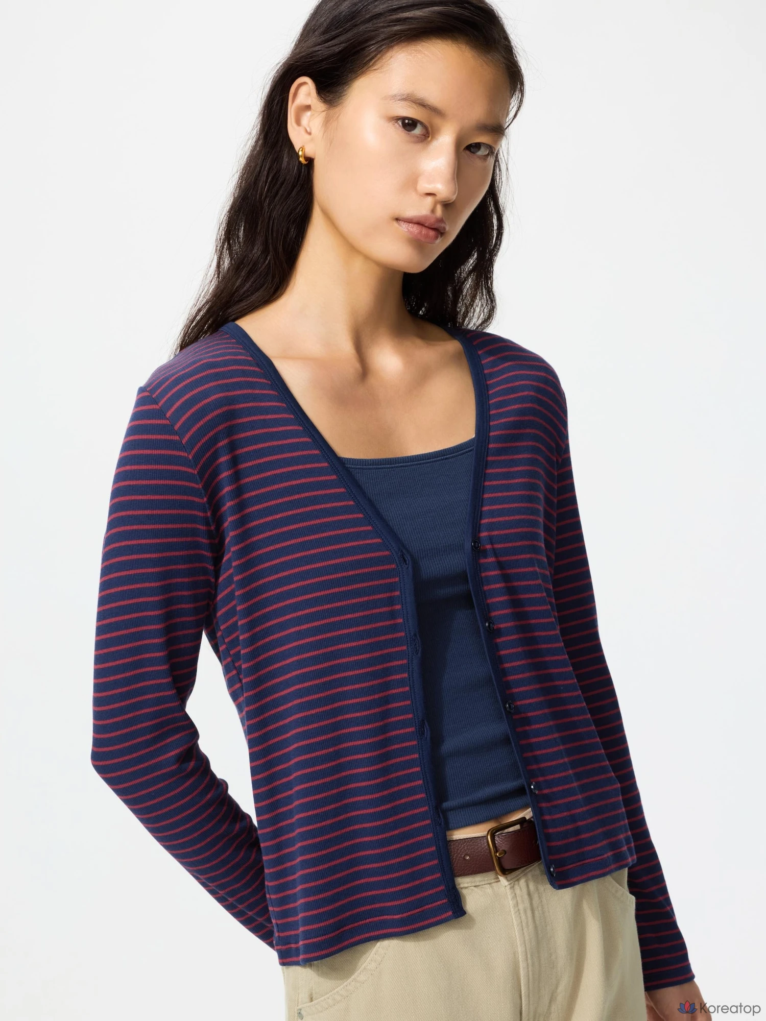 Кардиган Uniqlo Rib V-Neck Cardigan, в полоску