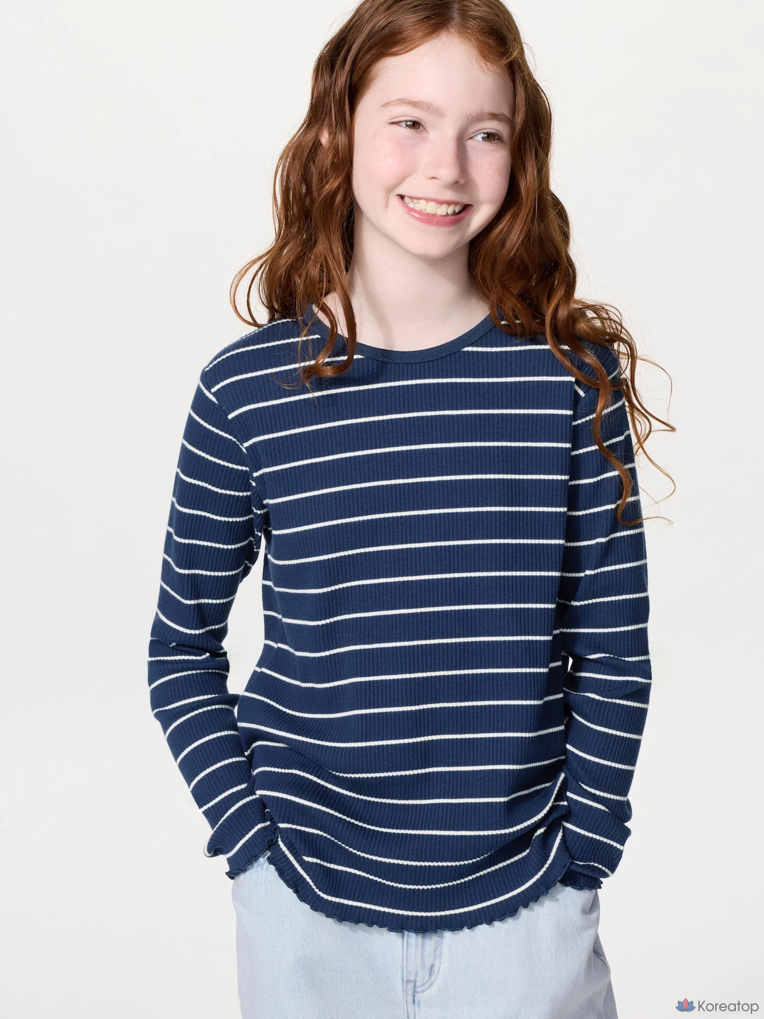 Футболка для девочек Uniqlo Rib Crew Neck Long Sleeve T-Shirt, в полоску