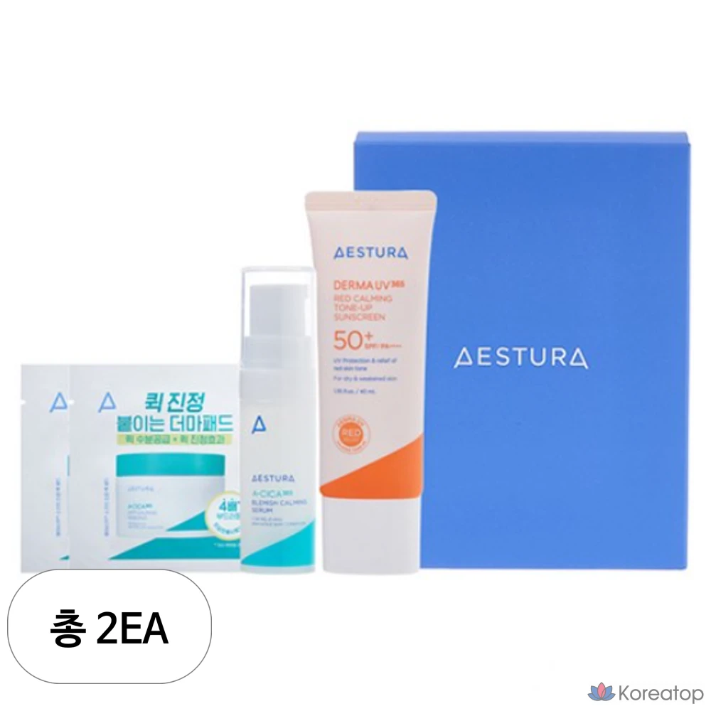 Набор из 2 успокаивающих солнцезащитных кремов Estura Derma UV365 Red Calming Tone-up Sunscreen 40ml SPF50+ PA++++, успокаивающих подушечек Acica 365 Calming Pack Pad, успокаивающей сыворотки 5ml.