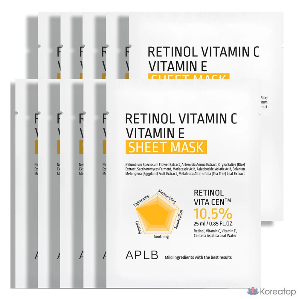 Тканевая маска для лица APLB с ретинолом, витаминами C и E, 1 упаковка (10 листов)