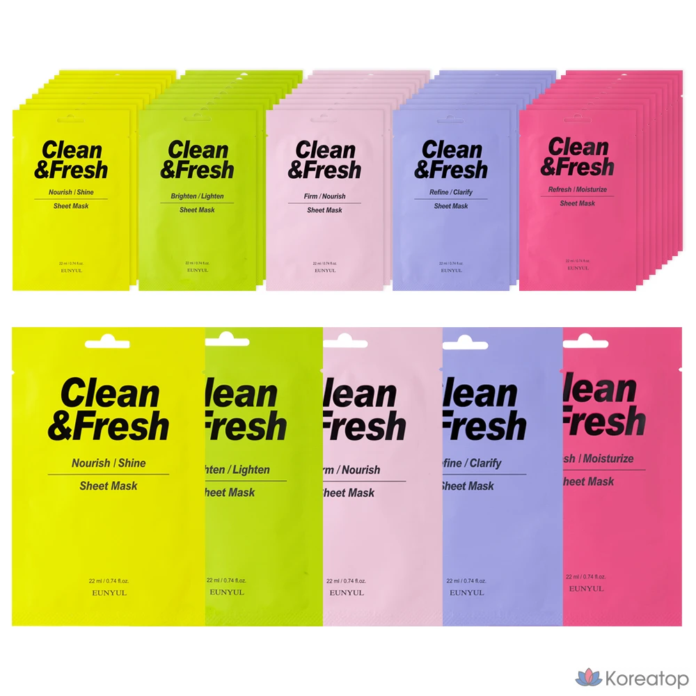 Тканевые маски для лица Eunyul Clean &amp; Fresh Sheet Mask Radiance, 5 видов, набор из 10 штук.