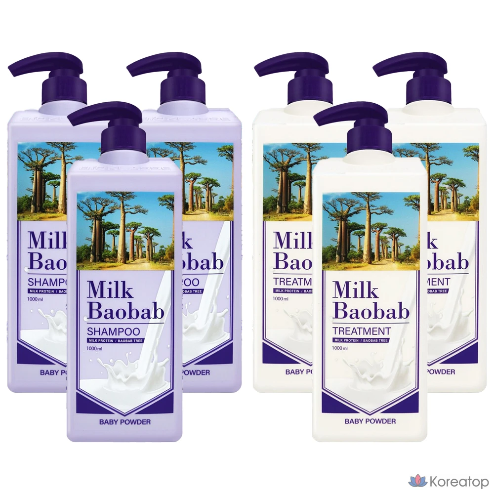 Детский шампунь Bioclasse Milk Baobab Baby Powder 1000 мл + средство для ухода 1000 мл, 3 комплекта