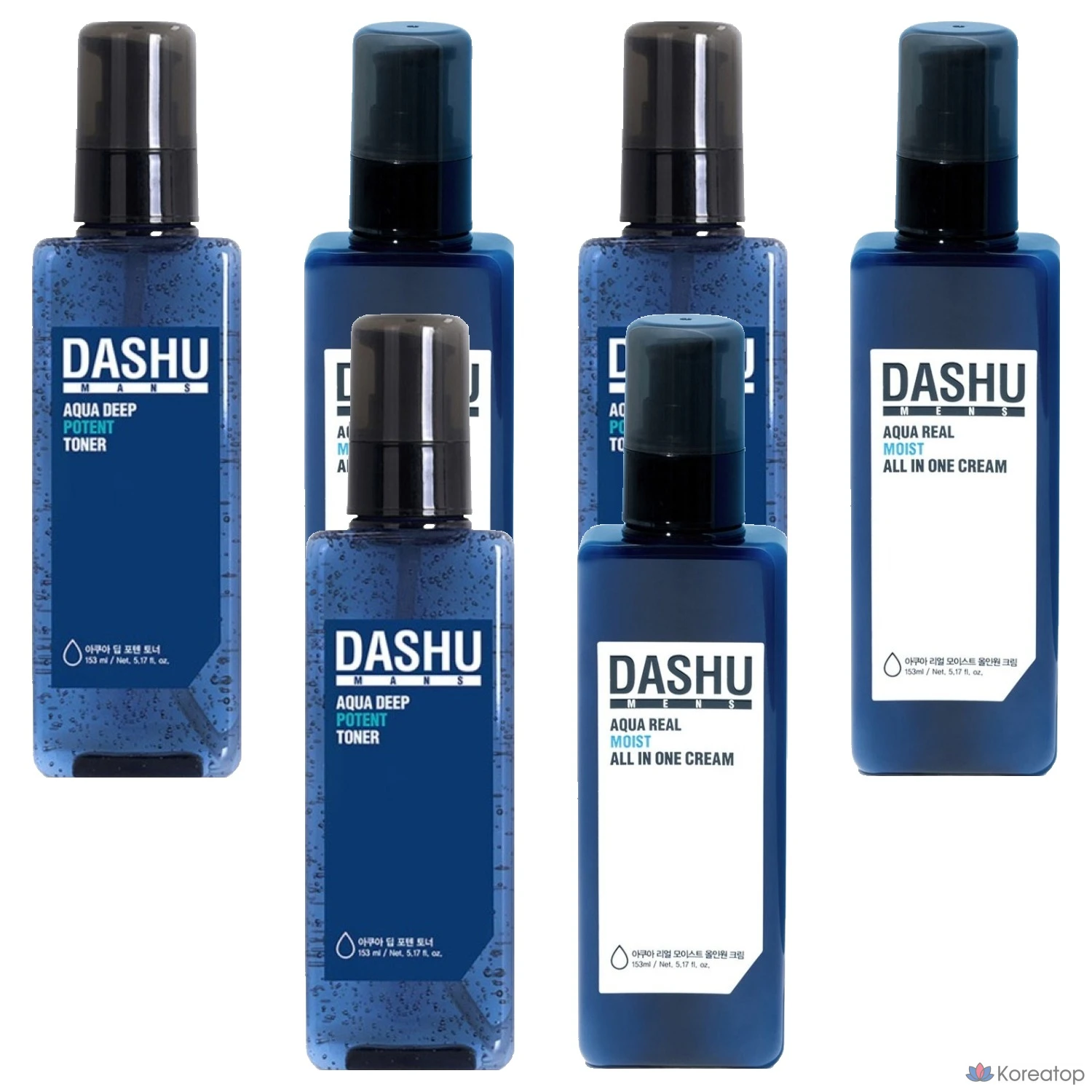 Набор из 3 флаконов: тоник DASHU Men's Aqua Deep Potent Toner 153 мл и увлажняющий крем Men's Aqua Real Moist All-in-One Cream 153 мл.