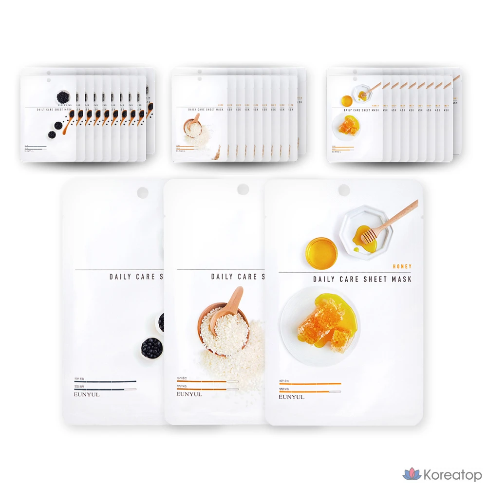 Набор увлажняющих тканевых масок Eunyul Daily Care: черная фасоль 10 пенсов + рис 10 пенсов + мед 10 пенсов, 30 штук, 2 упаковки.