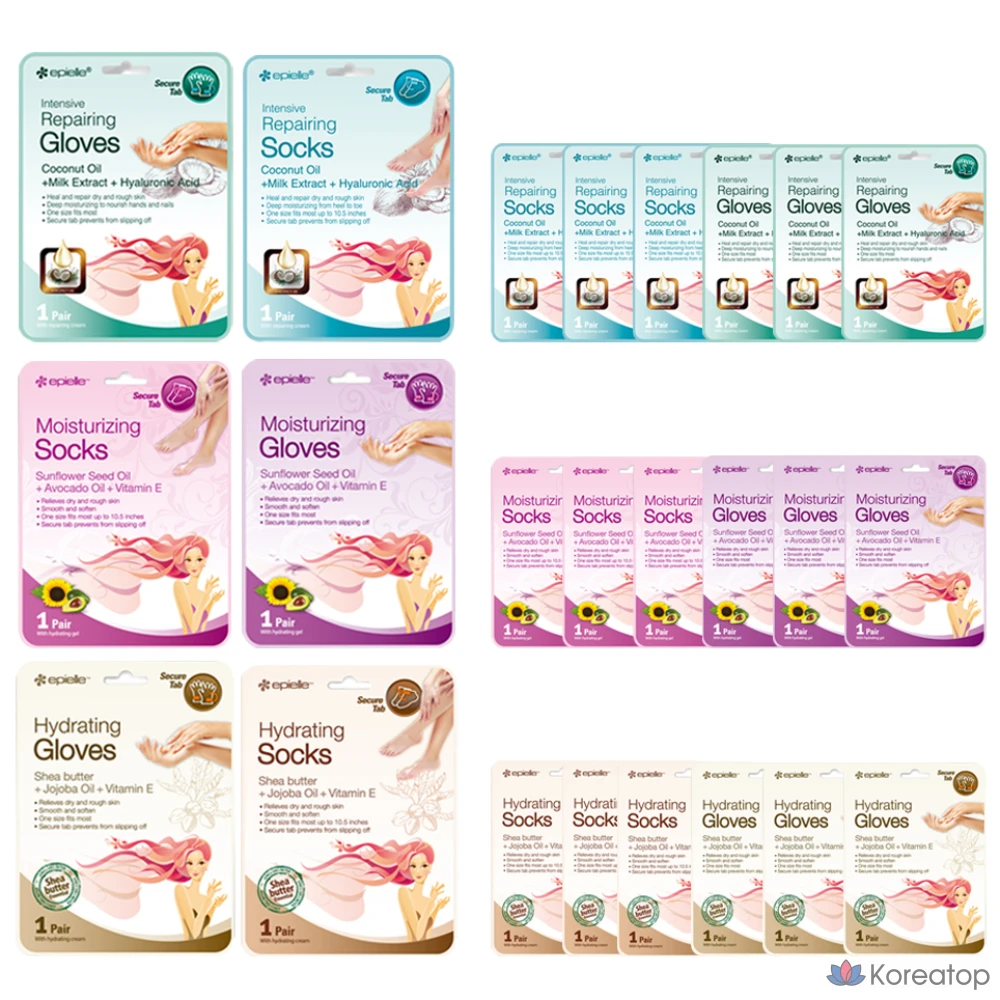 Набор масок для рук и ног Epielle: увлажняющая (4 компонента), увлажняющая (4 компонента) и восстанавливающая (4 компонента), 2 шт.