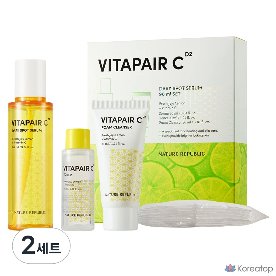 Набор Nature Republic Vitapair C: сыворотка от прыщей 90 мл + тоник 30 мл + пенка для умывания 30 мл + ватные диски 10 штук (2 набора)