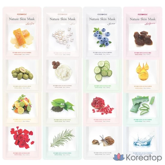 Набор масок для лица Nature Skin Mask Pack 100 листов, Высокоувлажняющие, успокаивающие, питательные, эластичные, большой объем, 16 видов, 1 огурец + алоэ + зеленый чай + чайное дерево + гиалуроновая кислота, по 20 штук каждого, 1 упаковка