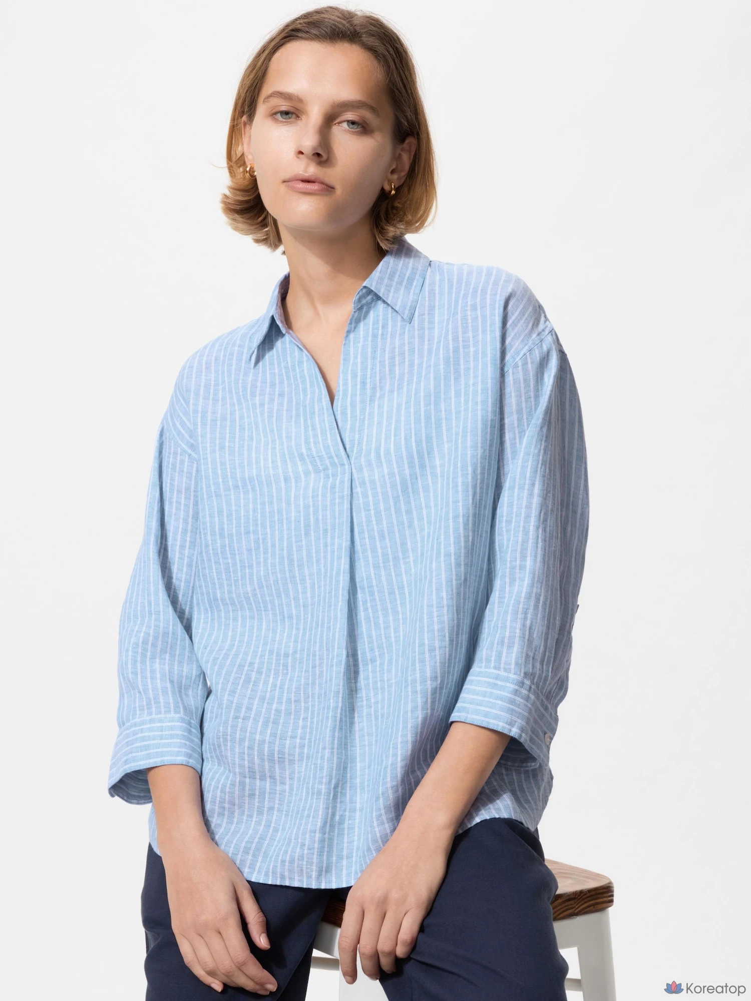 Рубашка Uniqlo Premium Linen Skipper Collar 3/4 Sleeve Shirt