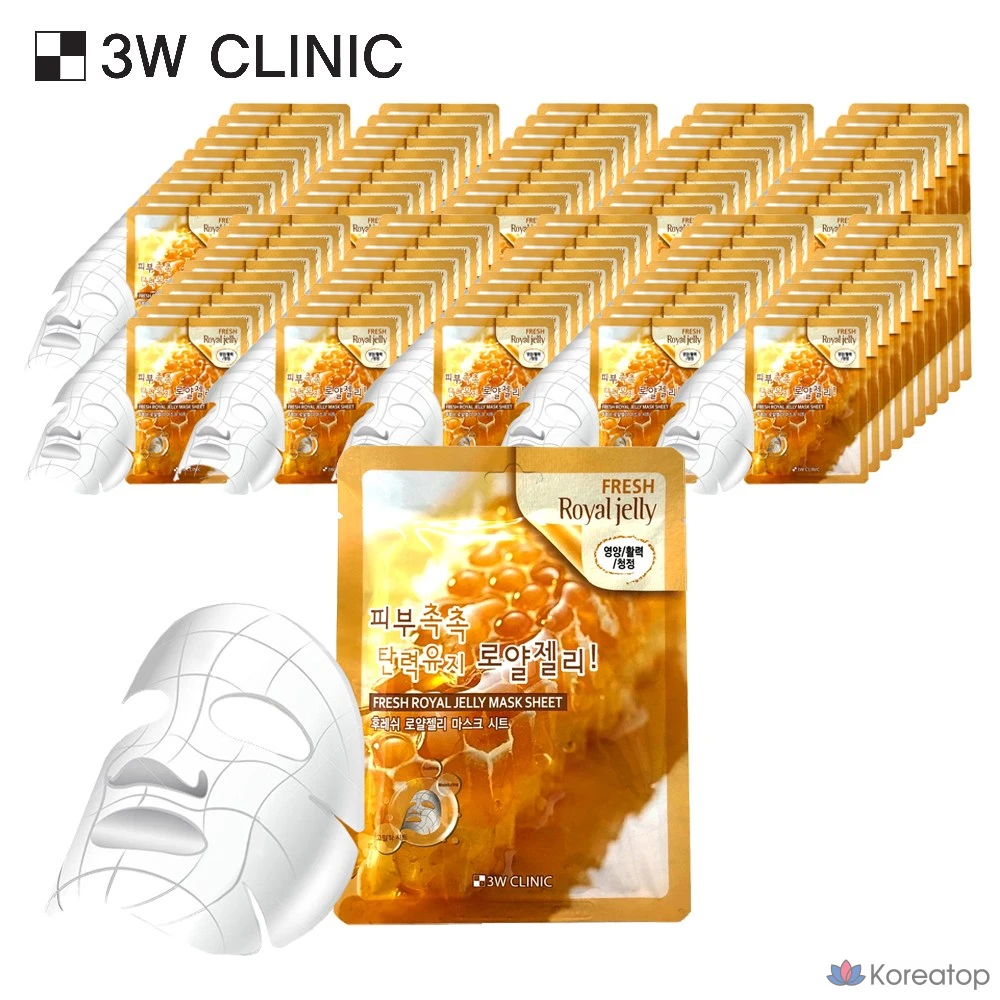 3W Clinic Свежая маска для лица с маточным молочком, 100 листов, 1 упаковка, 100 штук