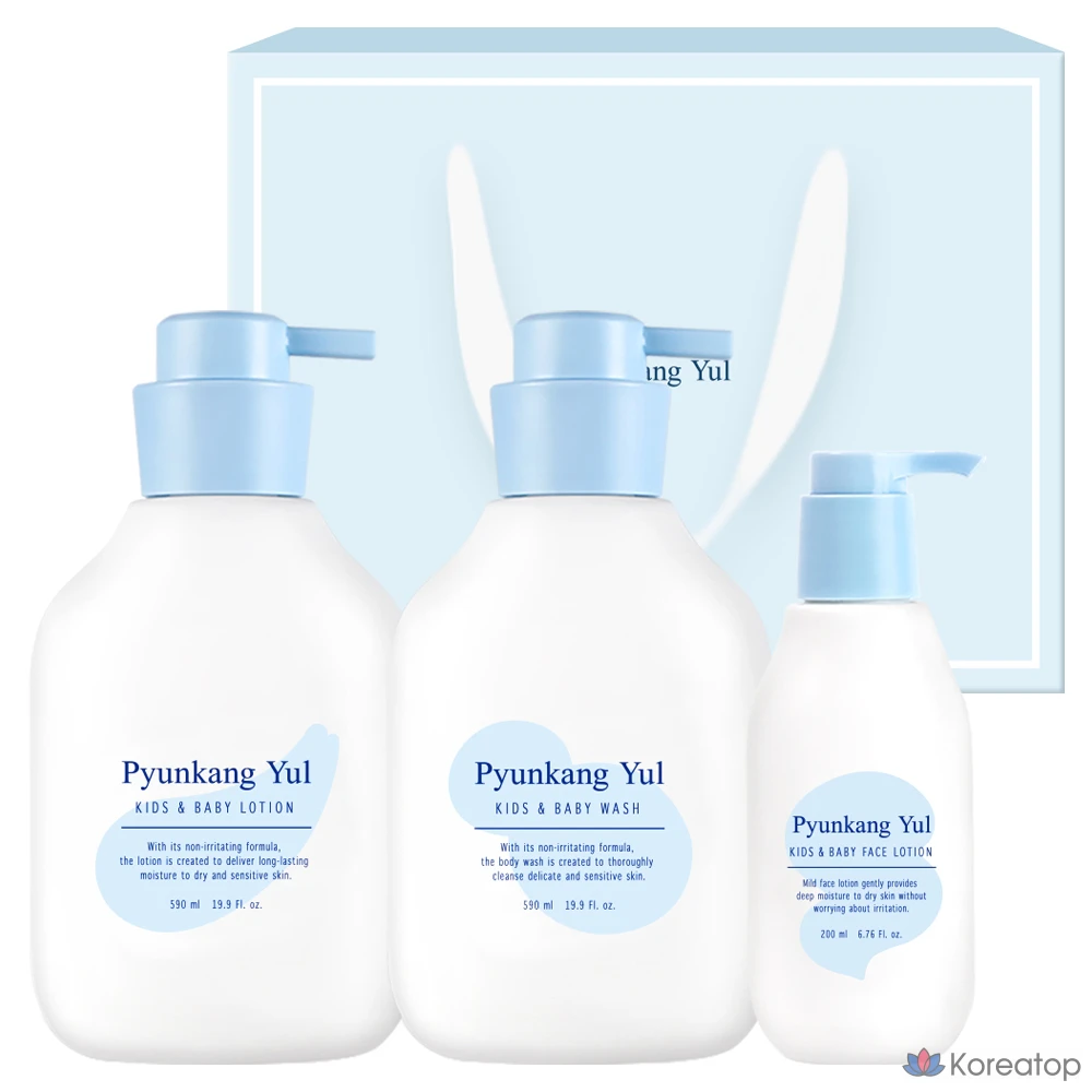 Pyungang Yul для детей и малышей: лосьон для тела 590 мл + гель для умывания 590 мл + лосьон для лица 200 мл, 1 комплект.