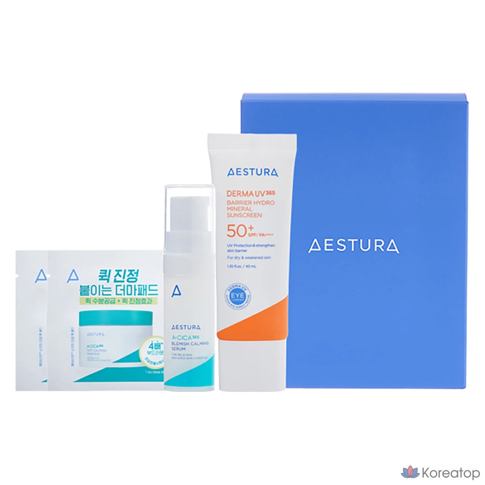 Набор Estura Derma UV365 Barrier Moisture Mineral Sunscreen SPF50+ PA++++ 40 мл + успокаивающие подушечки (2 шт.) + успокаивающая сыворотка (5 мл), 1 шт.