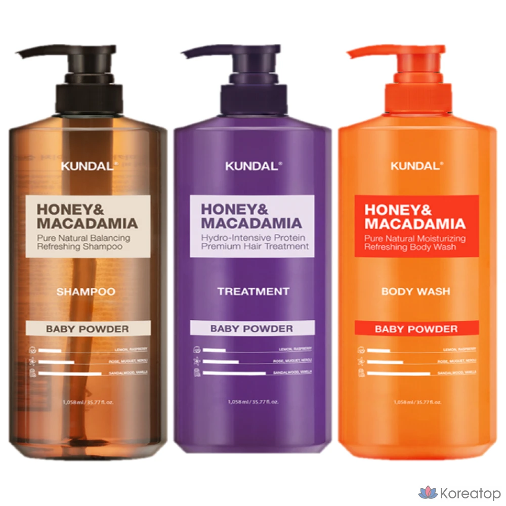 Шампунь Kundal Nature 500 мл + Средство для ухода за кожей 500 мл + Гель для душа 500 мл с ароматом детской присыпки, 1 шт., 500 мл