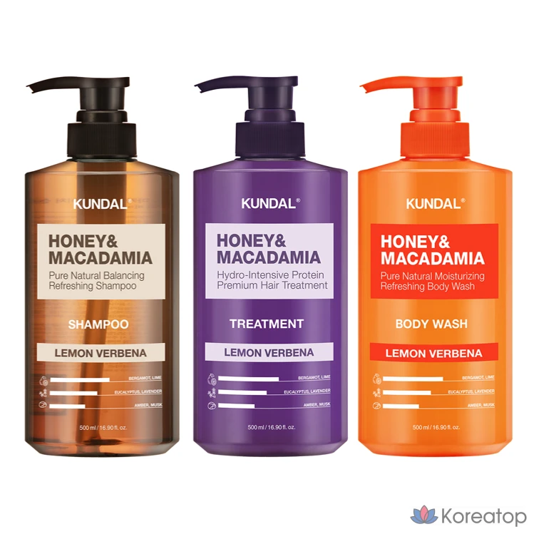 Набор Kundal Nature: шампунь 500 мл + средство для ухода 500 мл + гель для душа 500 мл с ароматом лимонной вербены, 1 комплект.