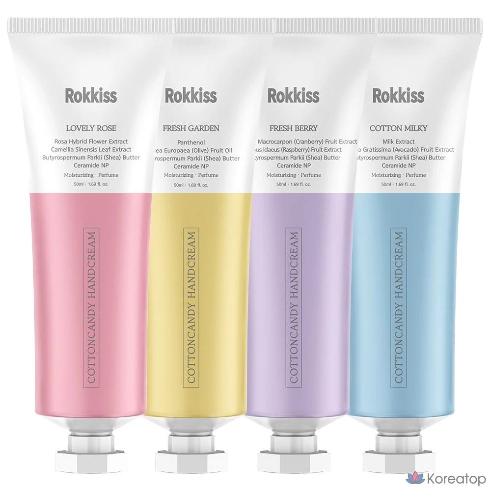 Крем для рук Rokkiss Cotton Candy: Lovely Rose 50 г + Fresh Garden 50 г + Fresh Berry 50 г + Cotton Milky 50 г, 1 упаковка