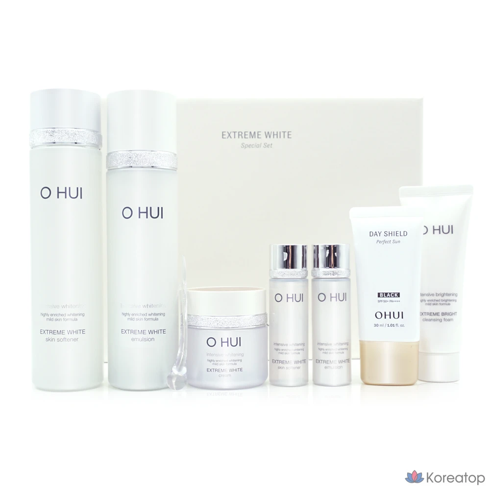 Набор Ohui Extreme White из 3 предметов (средство для лица 150 мл + 20 мл + лосьон 130 мл + 20 мл + отбеливающий крем 20 мл + пенка 40 мл + солнцезащитный крем 30 мл), 1 комплект