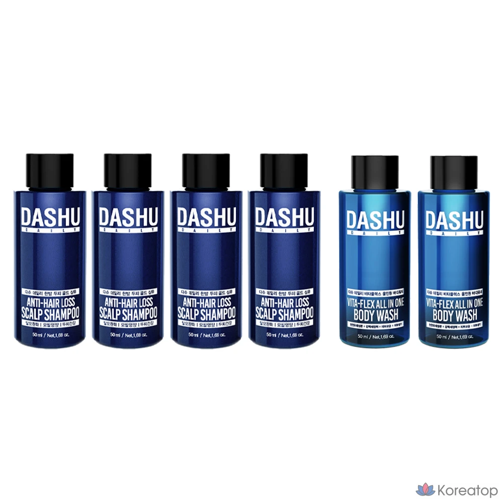 Шампунь DASHU Daily Oriental Scalp Gold Shampoo EX 50 мл (2 шт.) + Гель для душа DASHU Daily Vitaplex All-in-One Body Wash 50 мл (1 шт.), 2 комплекта.