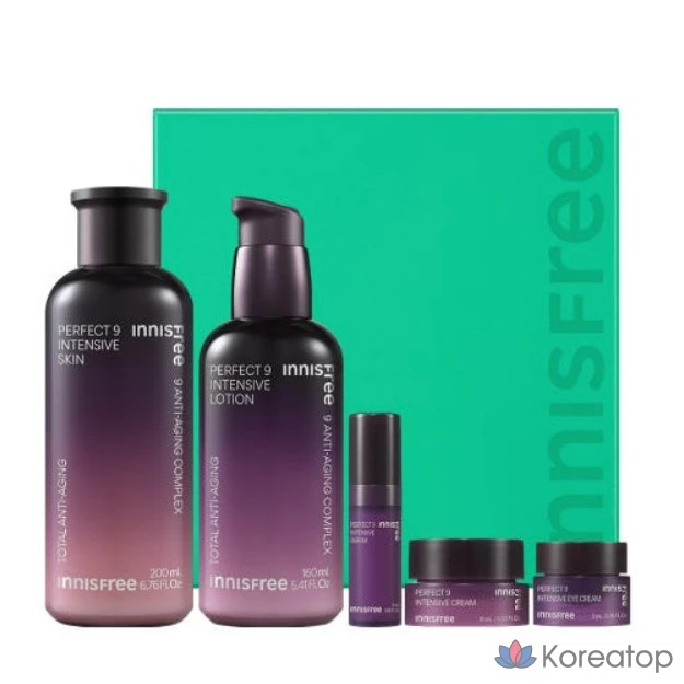 Набор для интенсивного ухода за кожей Innisfree Perfect 9, лосьон для лица + сыворотка + крем для глаз + крем, 1 шт.