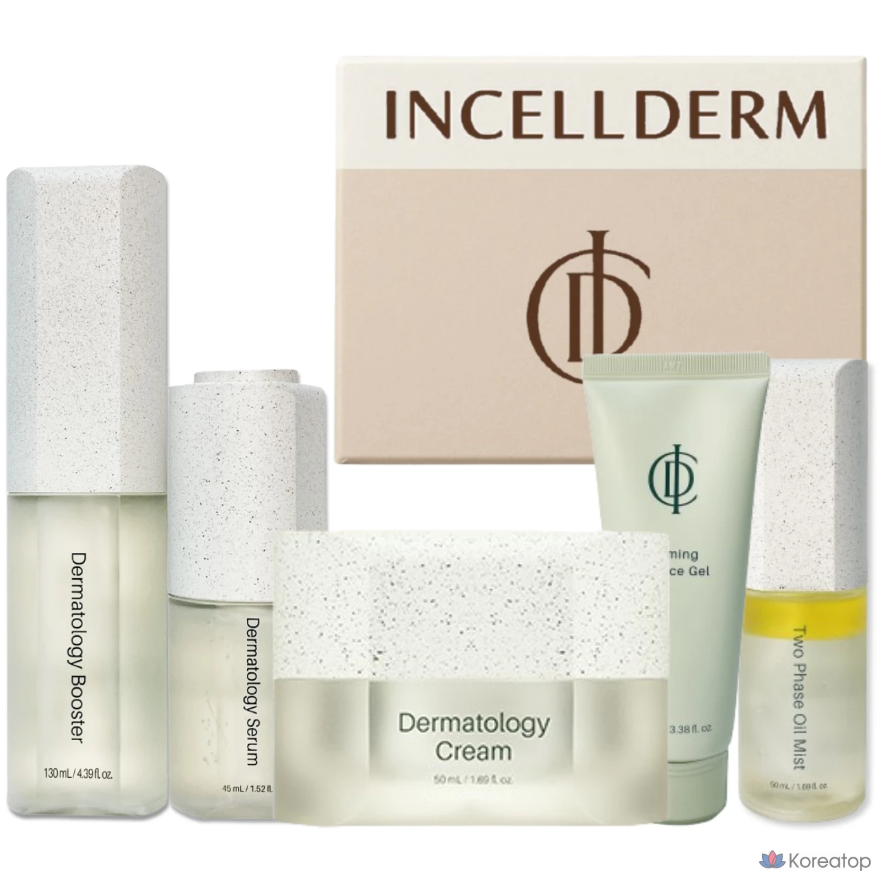 INCELLDERM 5 базовых косметических средств: сыворотка-бустер, крем для повышения эластичности кожи, успокаивающий гель-масло-спрей