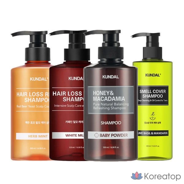 Коллекция шампуней Kundal: шампуни от выпадения волос, шампуни для омоложения волос.