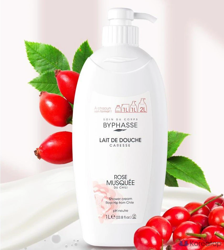 Гель для душа Byphasse с высоким содержанием влаги и экстрактом шиповника, 1 л, 1 шт.