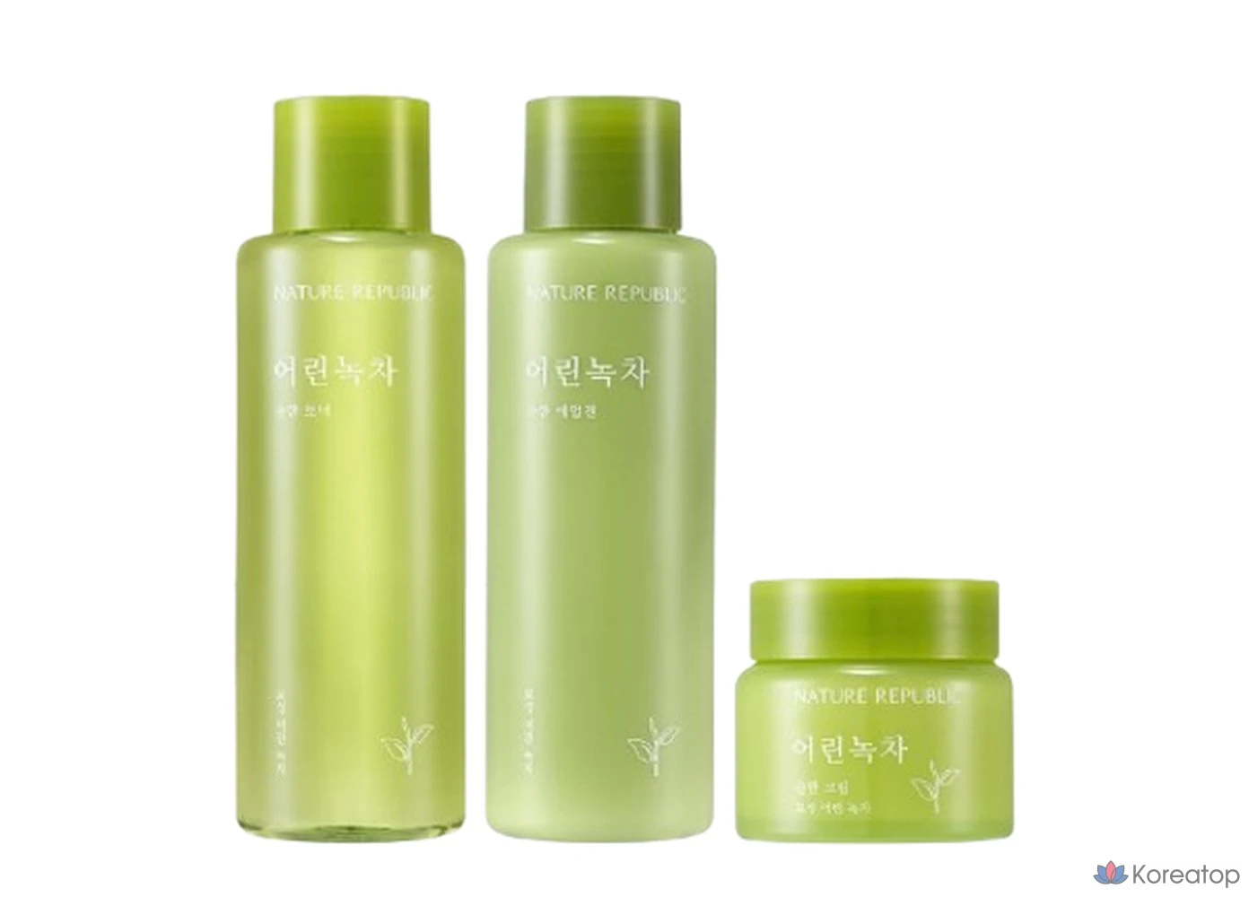 Набор: мягкий тоник с молодым зеленым чаем + эмульсия + крем (3 вида), 1 комплект.