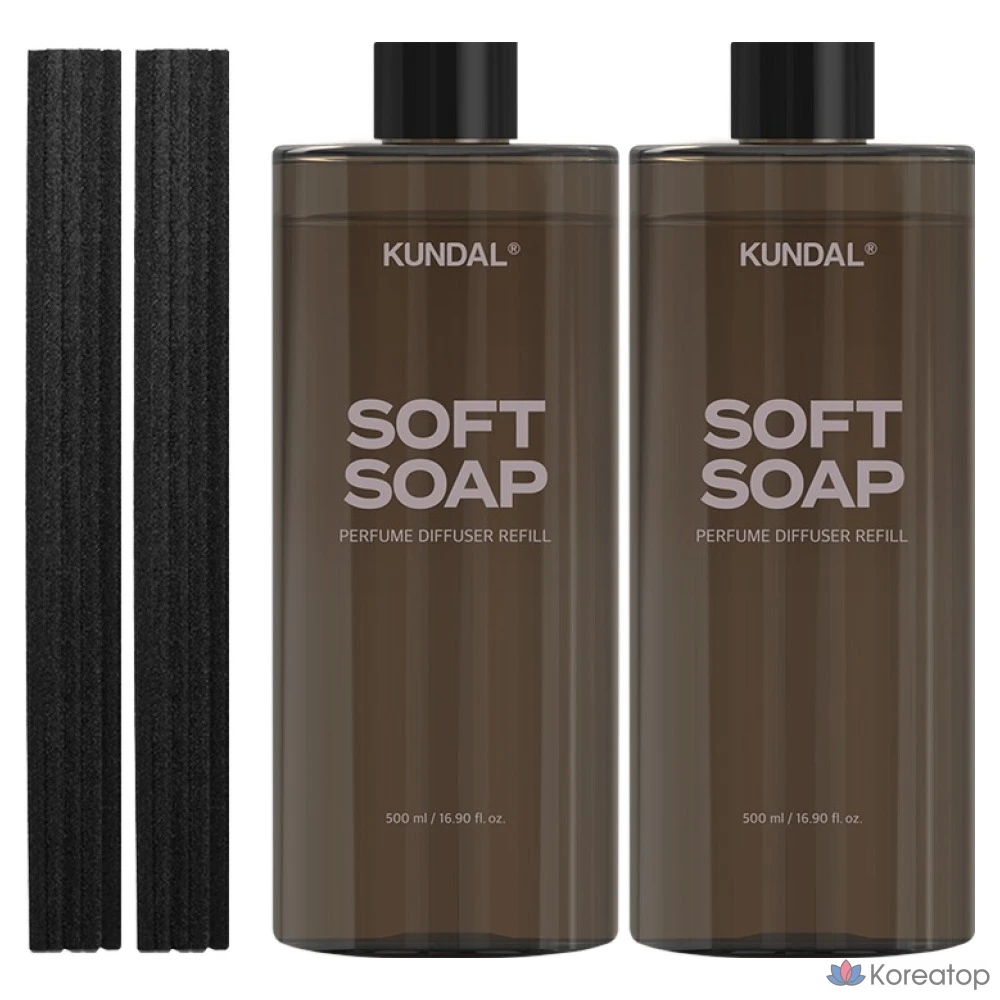 Сменные насадки для парфюмерного диффузора Kundal (2 шт.) + фибровые палочки (14 шт.), мягкое мыло, 500 мл, 1 комплект.