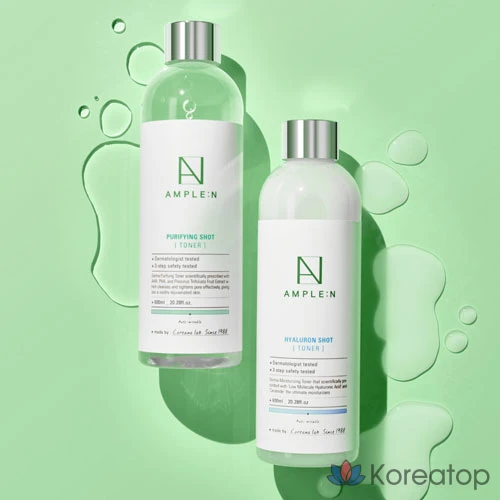 Набор Koreana: AMPLE:N ампула-тоник с гиалуроновой кислотой, 600 мл + очищающий тоник-шот, 600 мл + дозатор для тоника, 1 комплект.