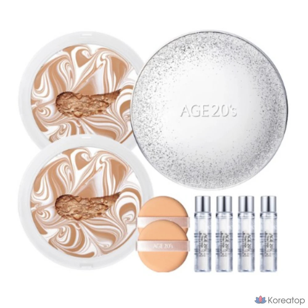 Набор для макияжа Age 20's Essence Cover Pact Sparkle Case + сменный блок 12,5 г x 2 шт. + ампула 10 мл x 4 шт., № 23 Белый бежевый/Белый бежевый, 1 шт.