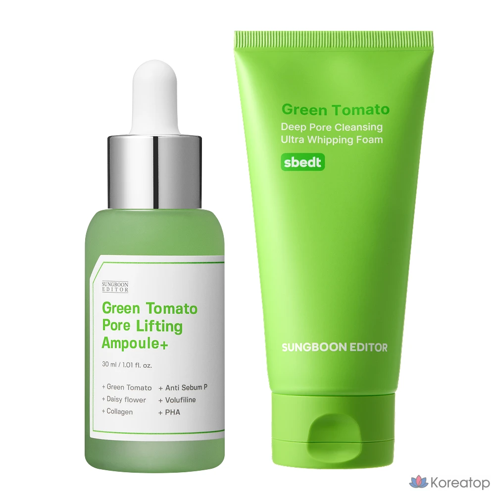 Набор для ребрендинга: Ампула для сужения пор с гиалуроновой кислотой и зеленым томатом 30 мл + Пенка для глубокого очищения пор с зеленым томатом, 1 шт.