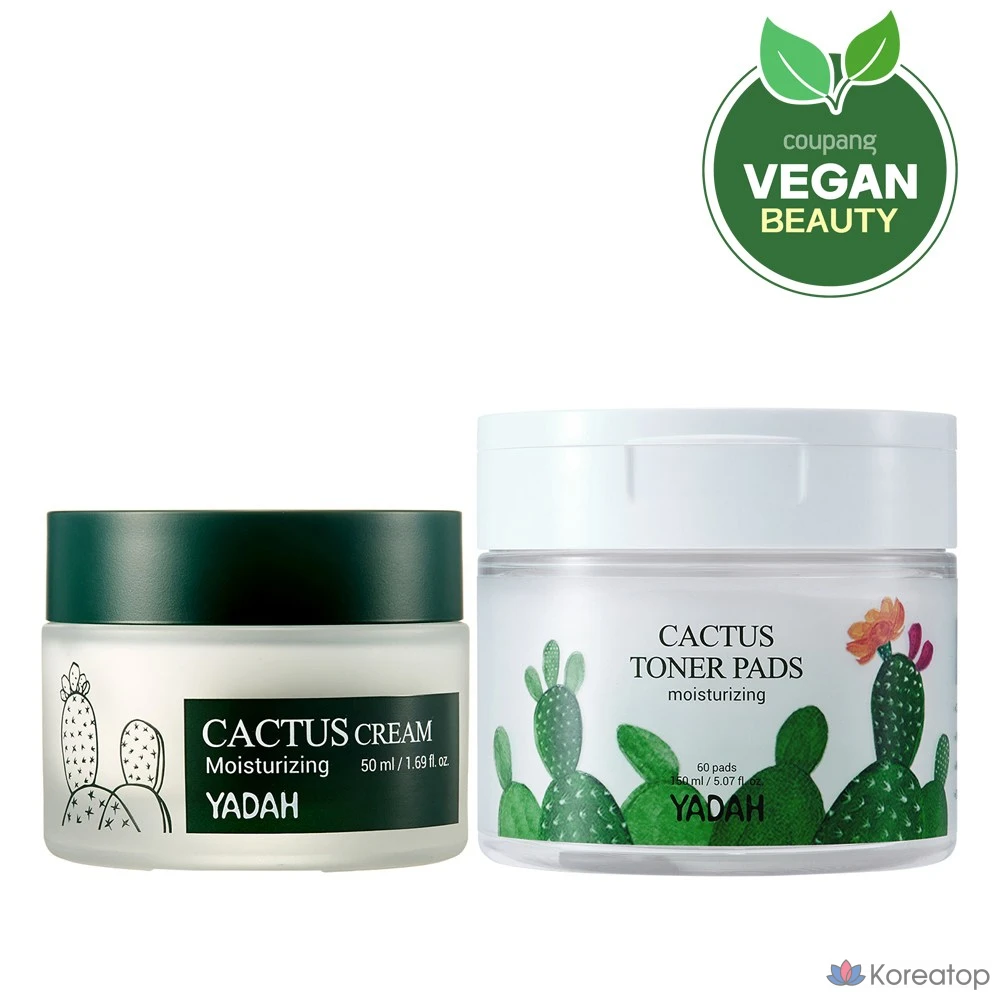 Набор из 2 тонизирующих подушечек Yadah Cactus и увлажняющего крема, 1 комплект.