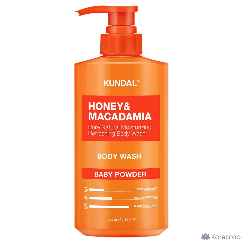 Гель для душа Kundal с медом и макадамией, аромат детской присыпки, 900 мл, 1 шт.