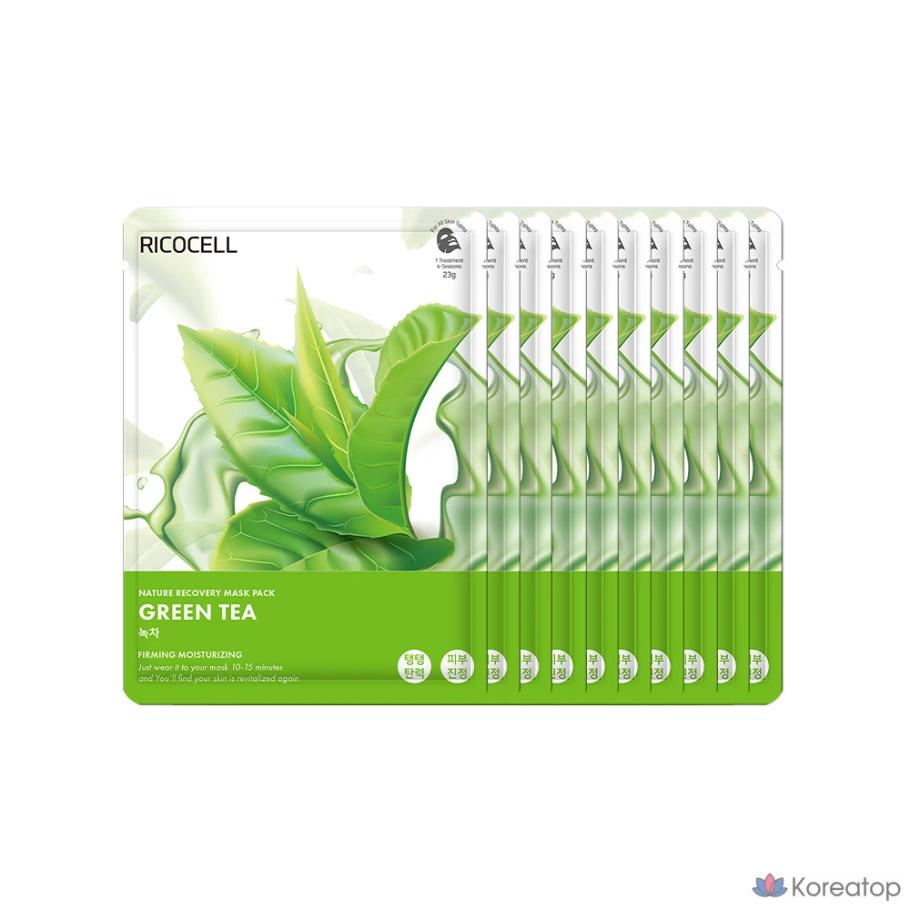 Набор масок для лица Ricocell Nature Recovery с зеленым чаем, 23 г, 1 упаковка, 10 штук.