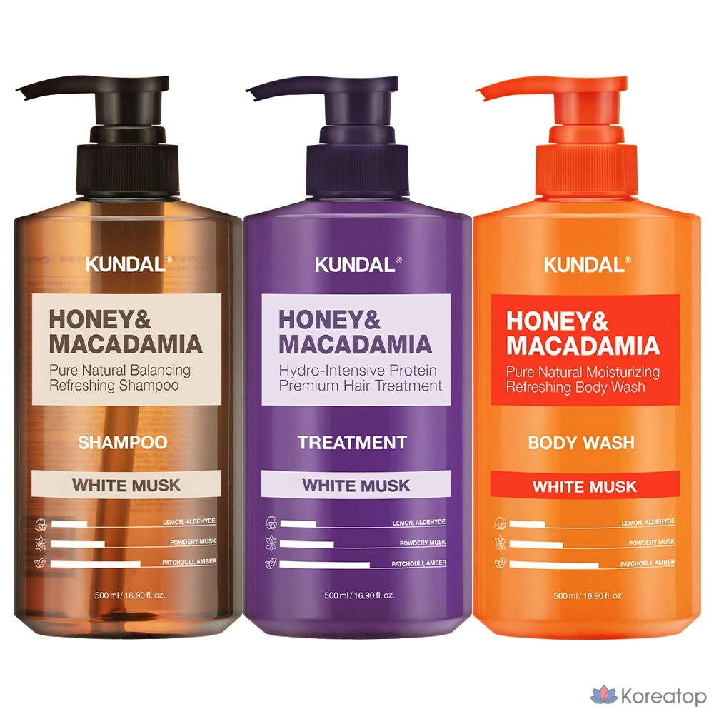 Шампунь Kundal Nature 500 мл + Средство для ухода 500 мл + Гель для душа 500 мл, аромат «Белый мускус», 1 шт., 500 мл