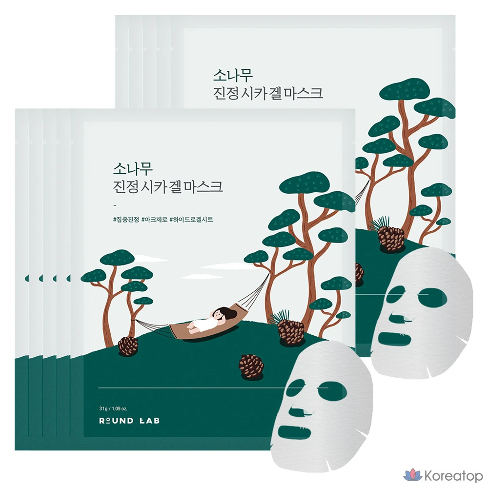Успокаивающая гелевая маска Round Lab Pine с экстрактом центеллы азиатской, 31 г, 1 упаковка, 10 шт.