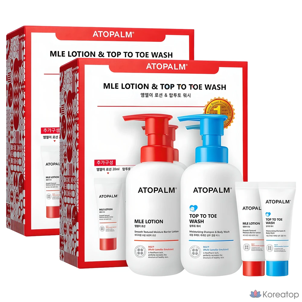 Набор из 2 флаконов: лосьон Atopalm MLE 300 мл + 20 мл и средство для мытья всего тела 300 мл + 20 мл.