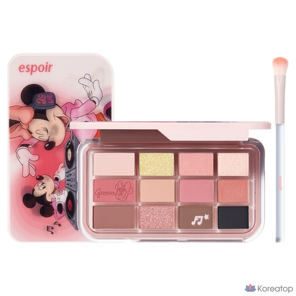 Палетка теней Espoir Disney Edition Eye Core Palette + набор кистей для базы под тени, № 8 Groove Reddish, 1 комплект.